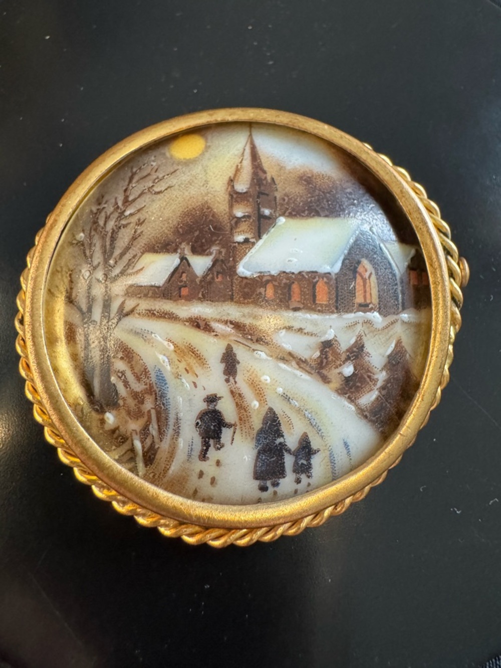 Vintage Limoges Hand-Painted Porcelain Brooch – Winter Village Scene, France